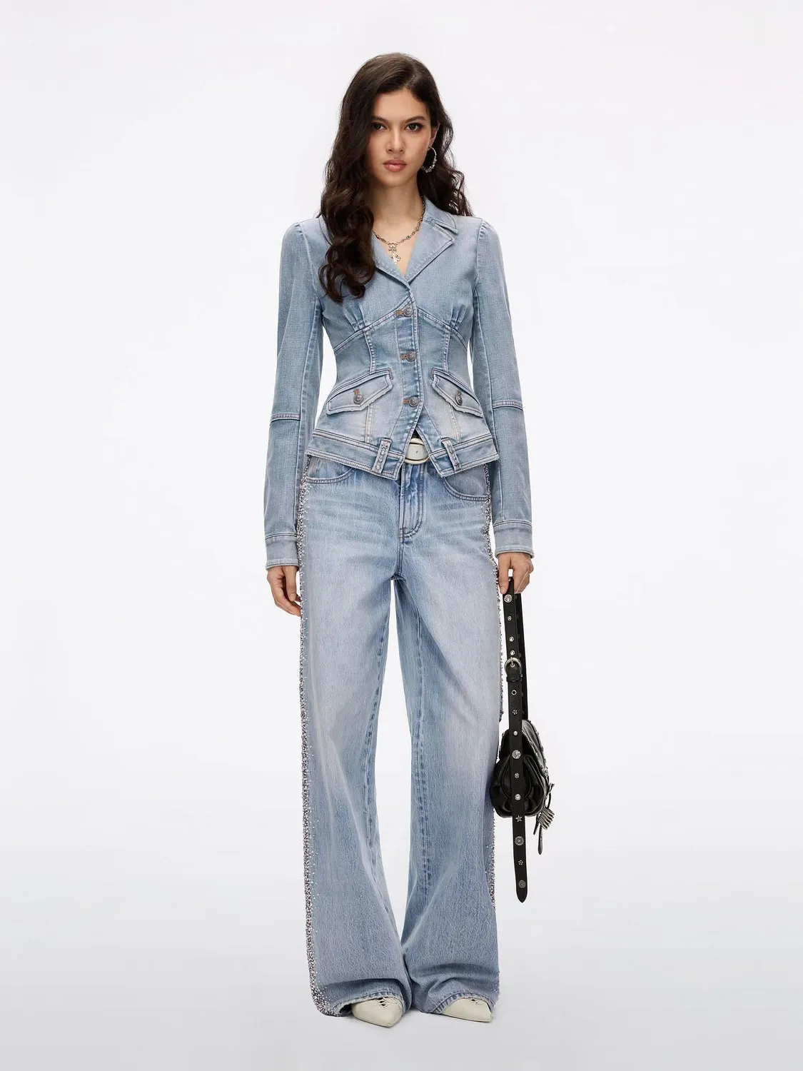 Miss Sixty Pearl Rhinestone denimjakke blå cropped perle