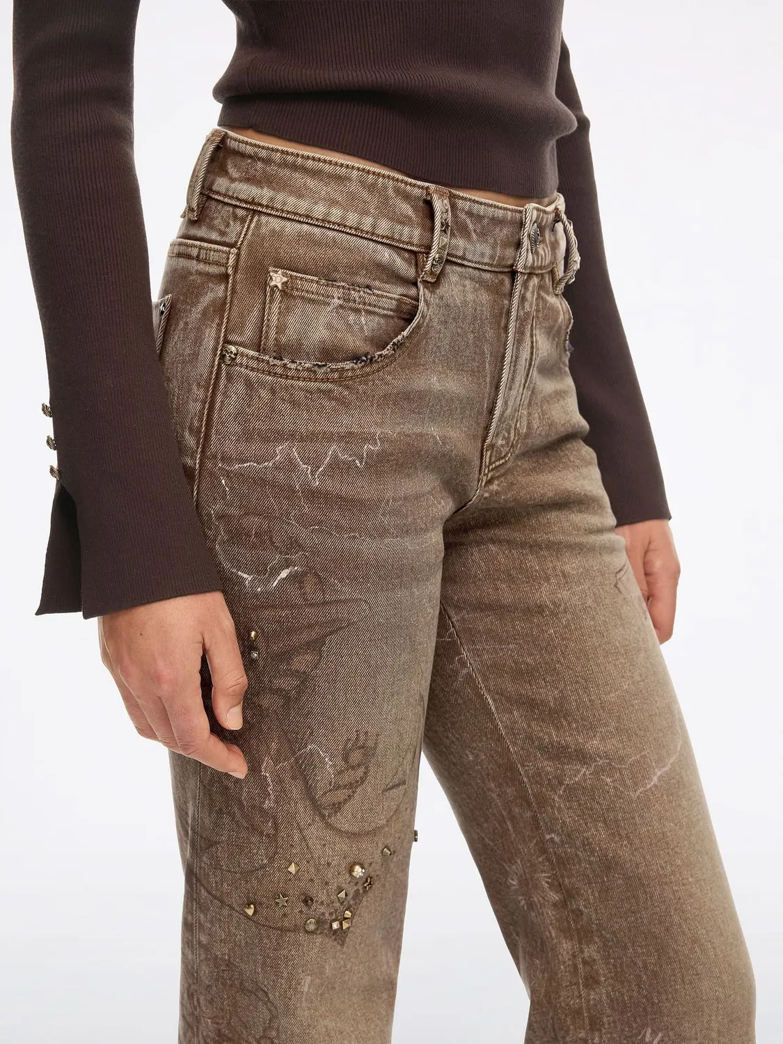Miss Sixty Printed Studded Flared Jeans brun 32"