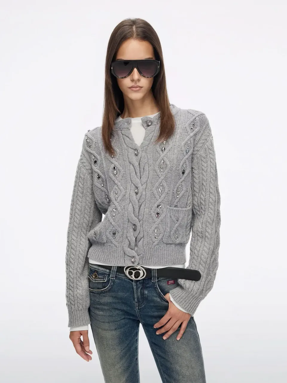 Miss Sixty Beaded strik cardigan heather grey uld