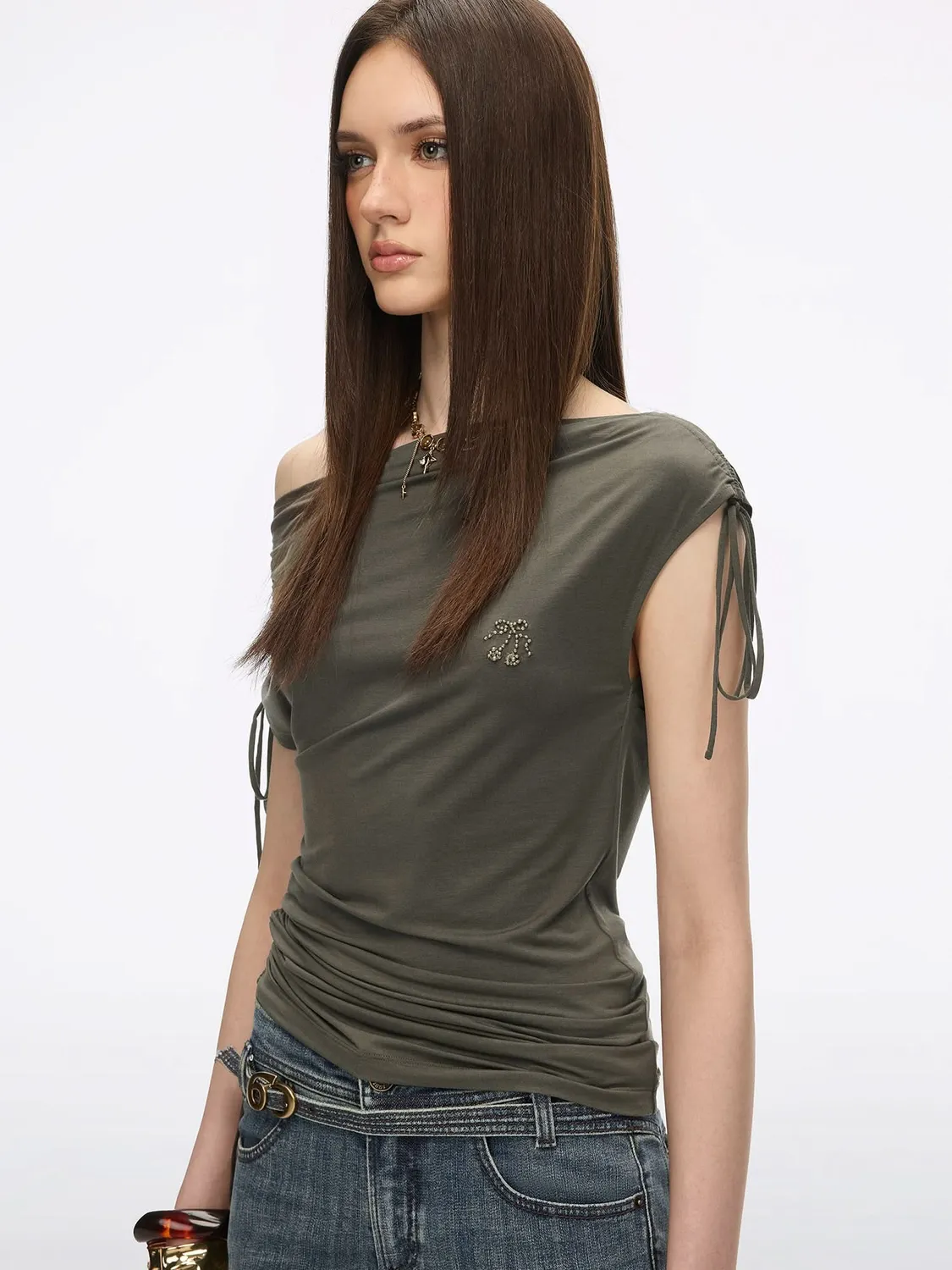 Miss Sixty Asymmetric Shoulder t-shirt army green snøre