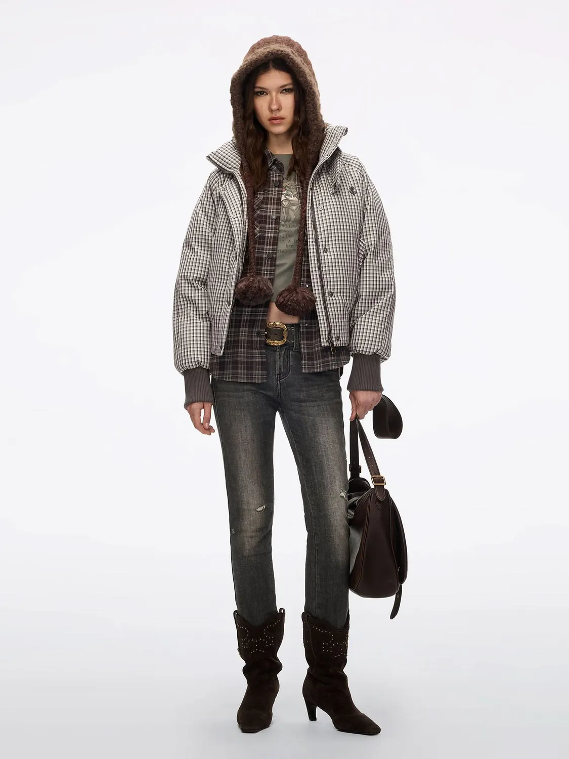 Miss Sixty Plaid dunjakke brunternet gåsedun
