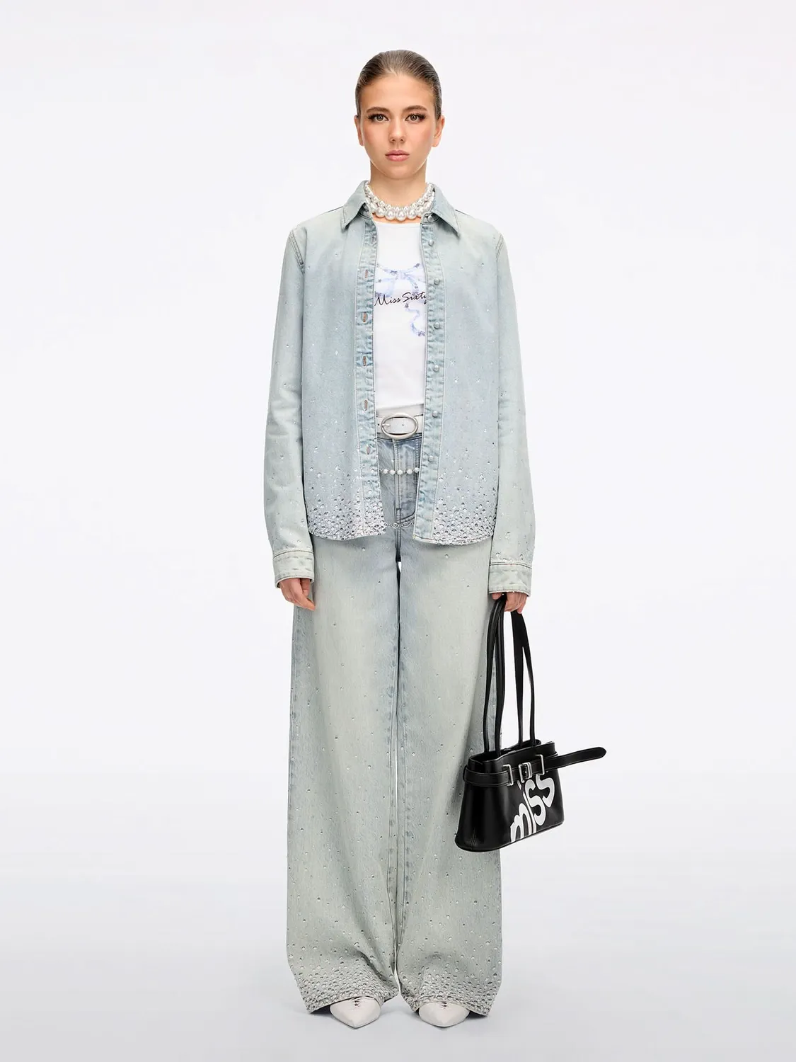 Miss Sixty Rhinestone Denim Skjorte Lyseblå med Rhinsten
