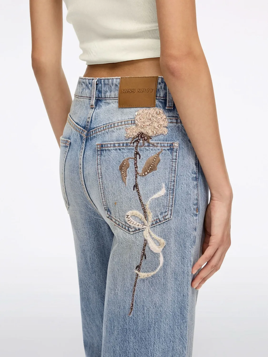 Miss Sixty straight jeans middle blue perlebroderi