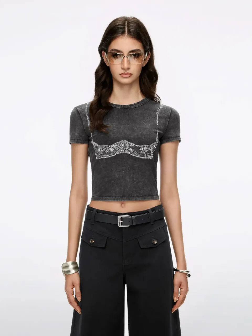 Miss Sixty Beaded Graphic T-shirt mørkegrå cropped perler