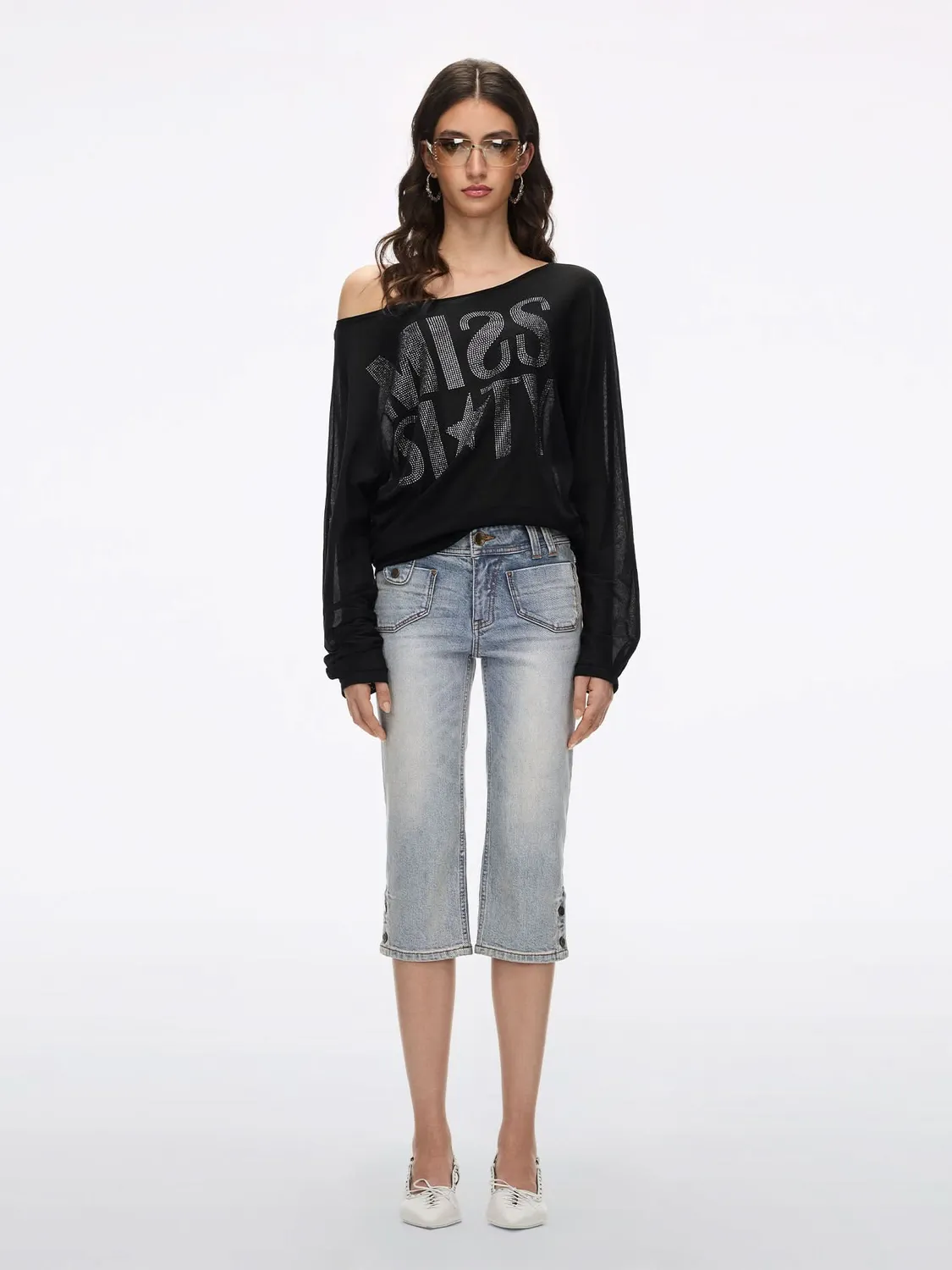 Miss Sixty Off-Shoulder Rhinestone t-shirt sort løs