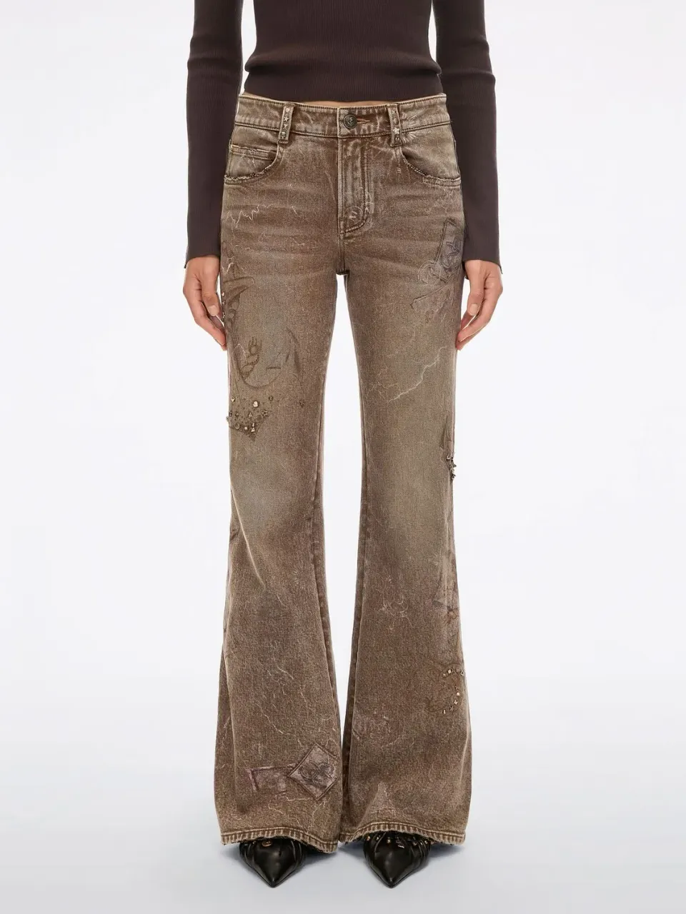 Miss Sixty Printed Studded Flared Jeans brun 32"