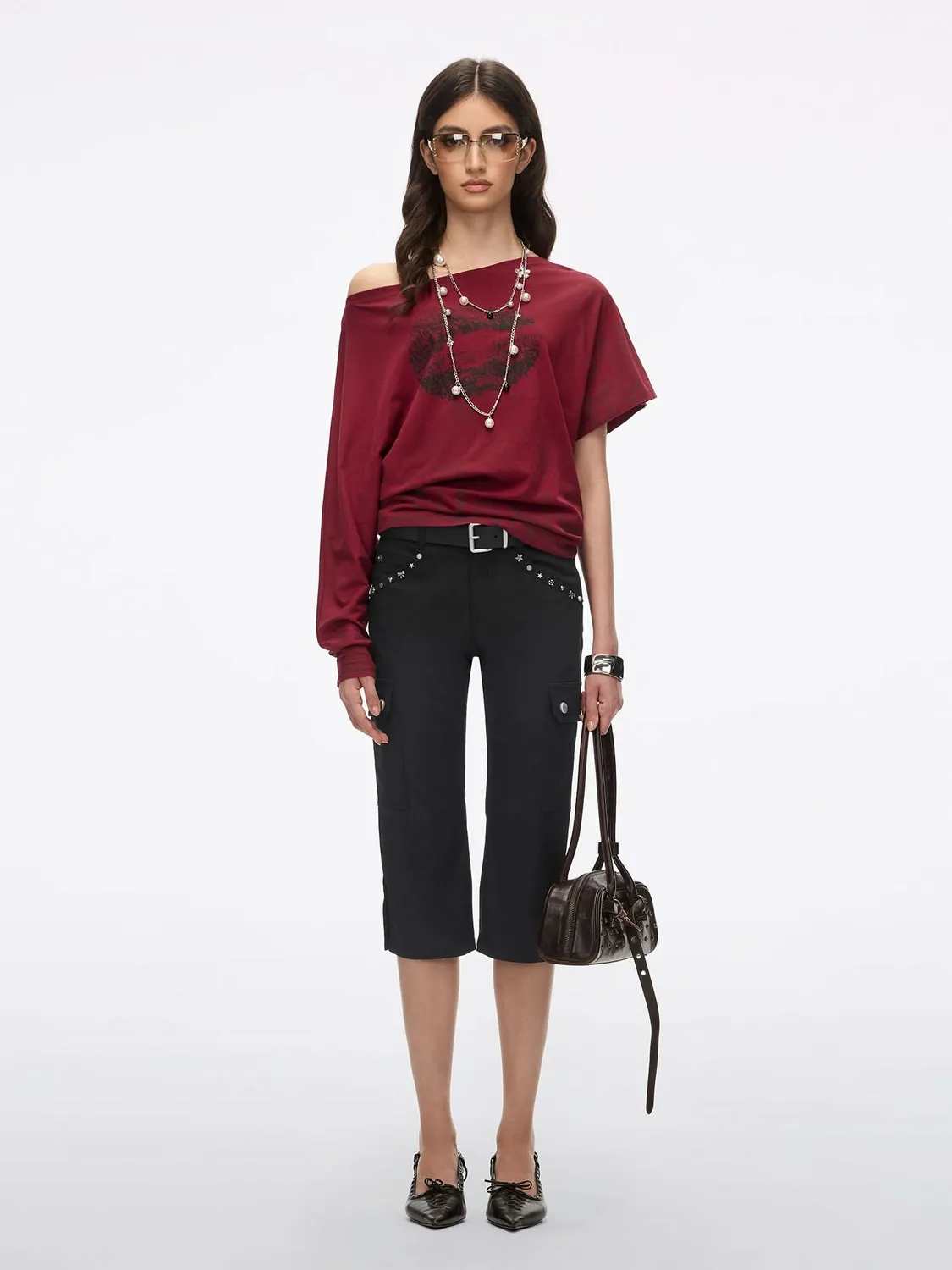 Miss Sixty Lip-Print t-shirt rød asymmetrisk