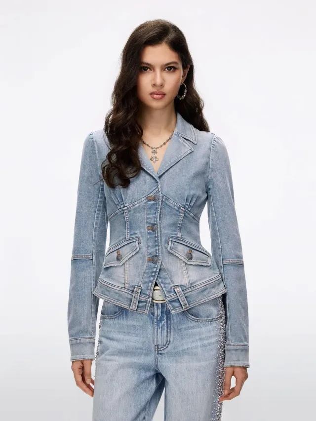 Miss Sixty Pearl Rhinestone denimjakke blå cropped perle