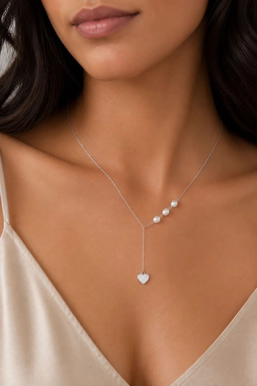 Organsk Pearl Heart lariat halskæde sølv perle