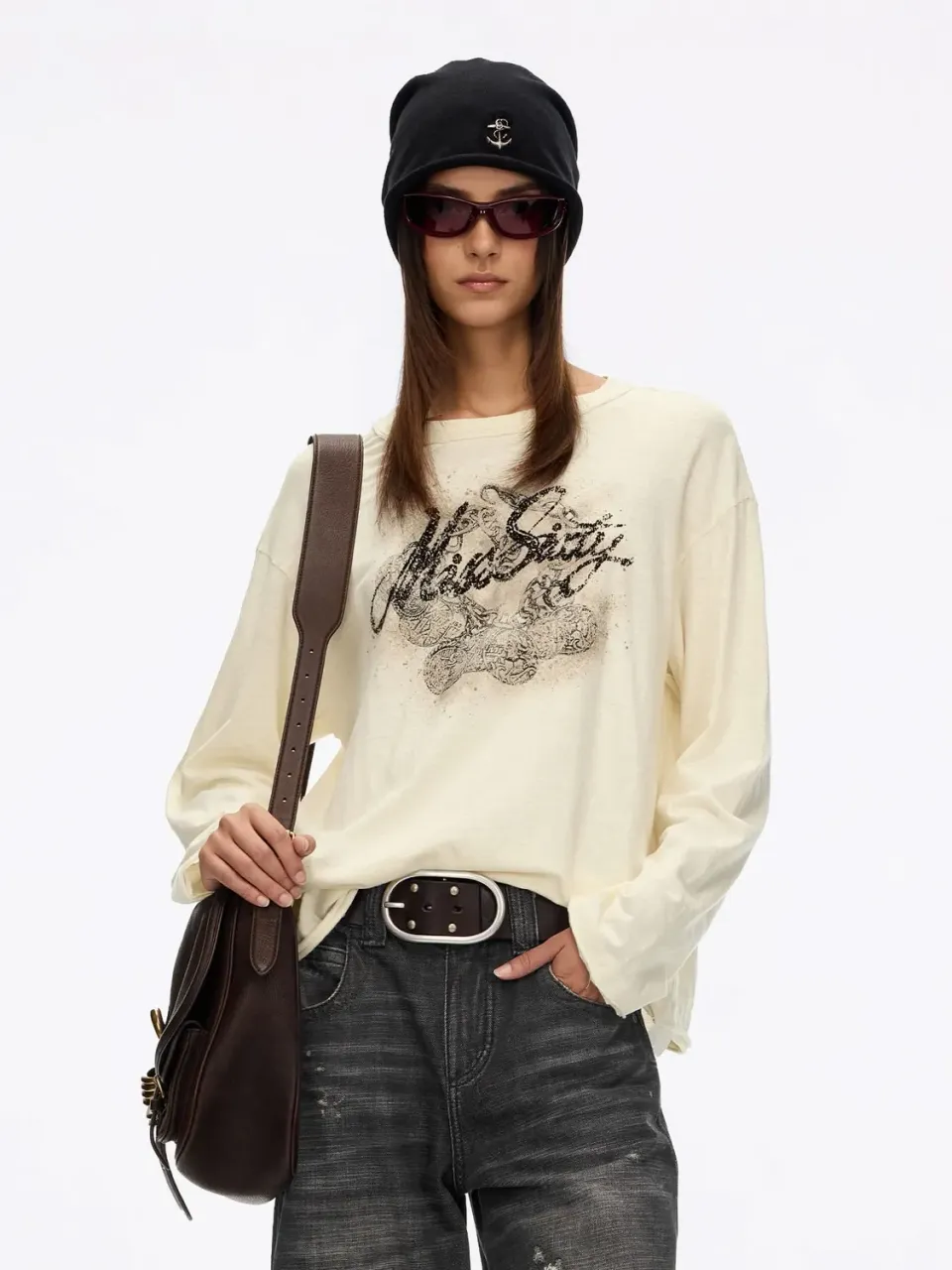 Miss Sixty Distressed Graphic T-shirt langærmet abrikos