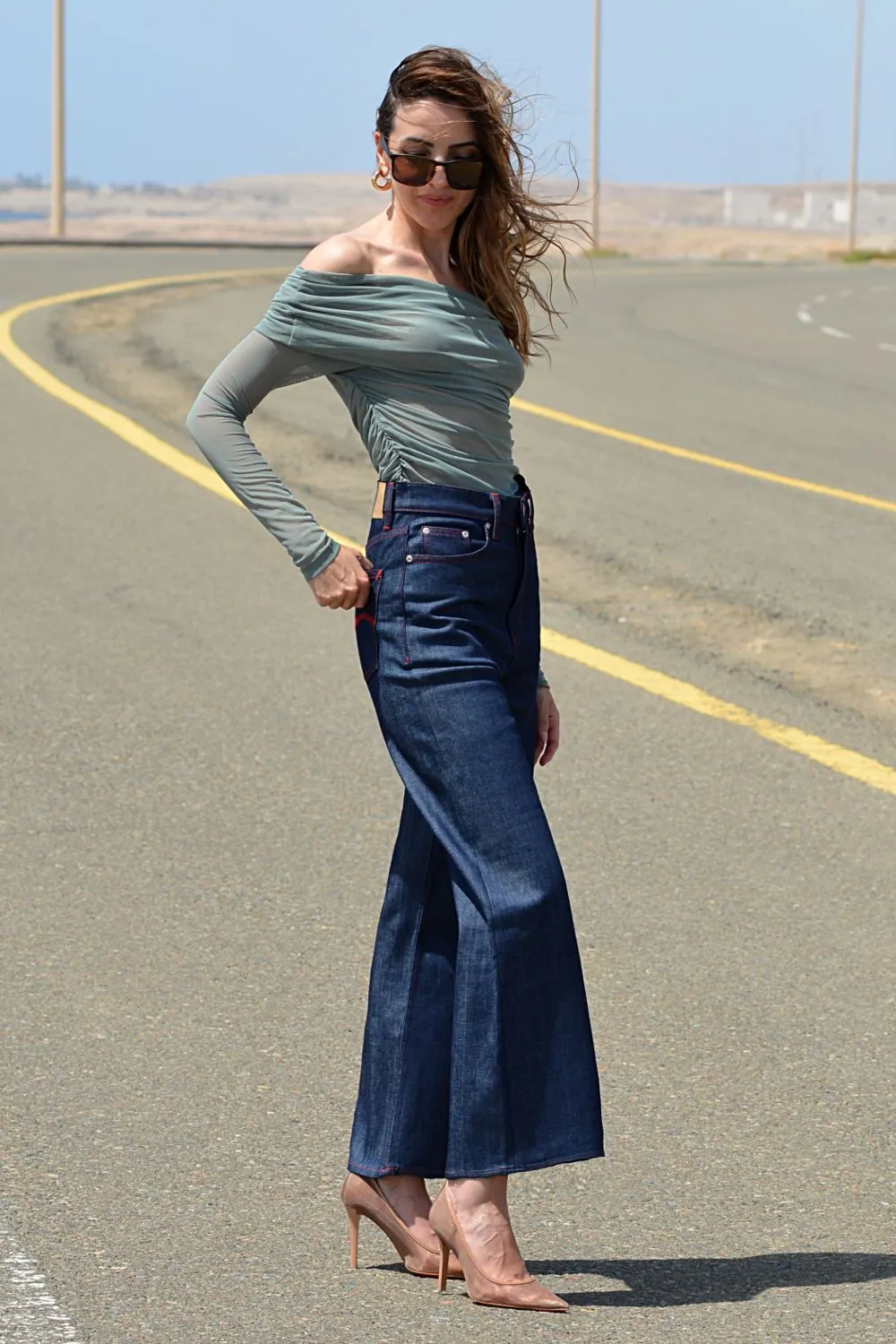 Organsk Wave Highrider Shorty jeans rå denim wide leg