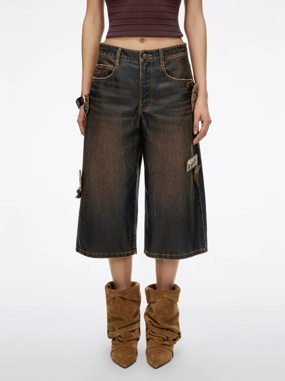 Miss Sixty Badge denimshorts brun med aftagelige emblemer