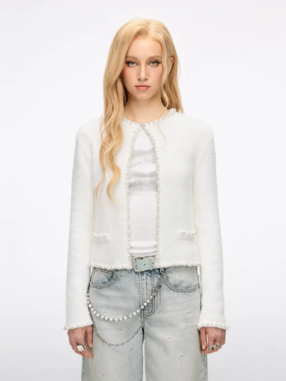 Miss Sixty perle cardigan hvid cropped uldblanding