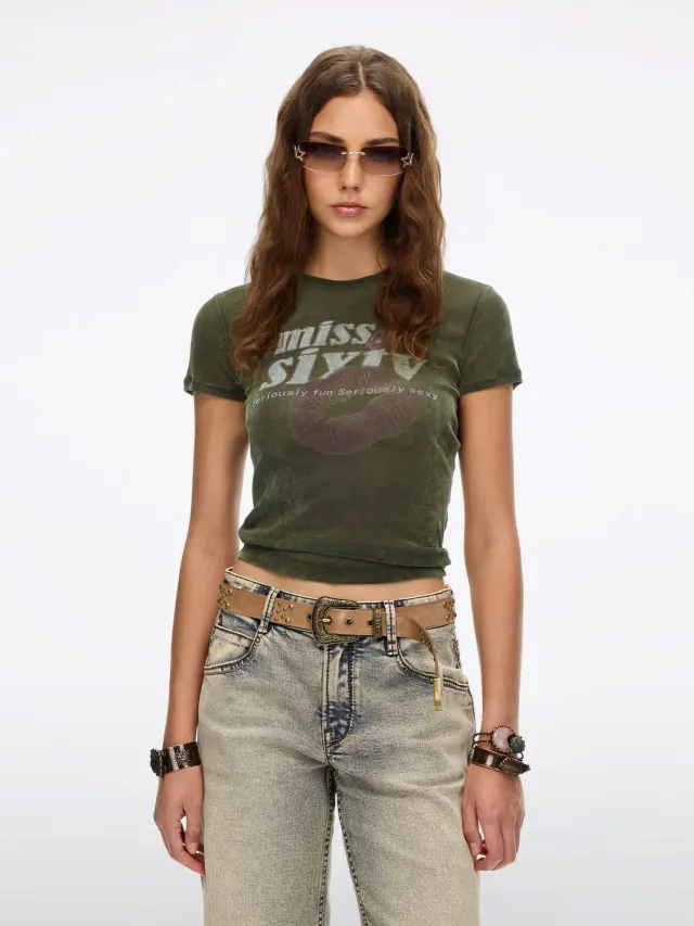 Miss Sixty Kiss Me t-shirt læbeprint army green – regular fit