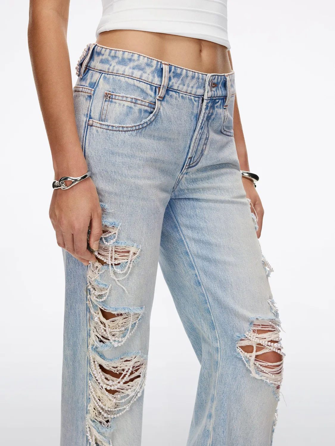 Miss Sixty Distressed Pearl-Embellished Flare Jeans light blue