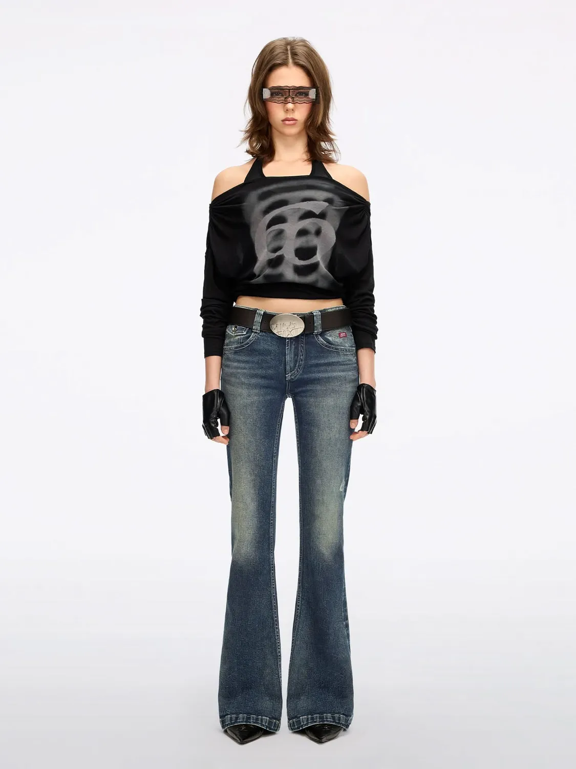 Miss Sixty Logo T-Shirt off-shoulder sort langærmet