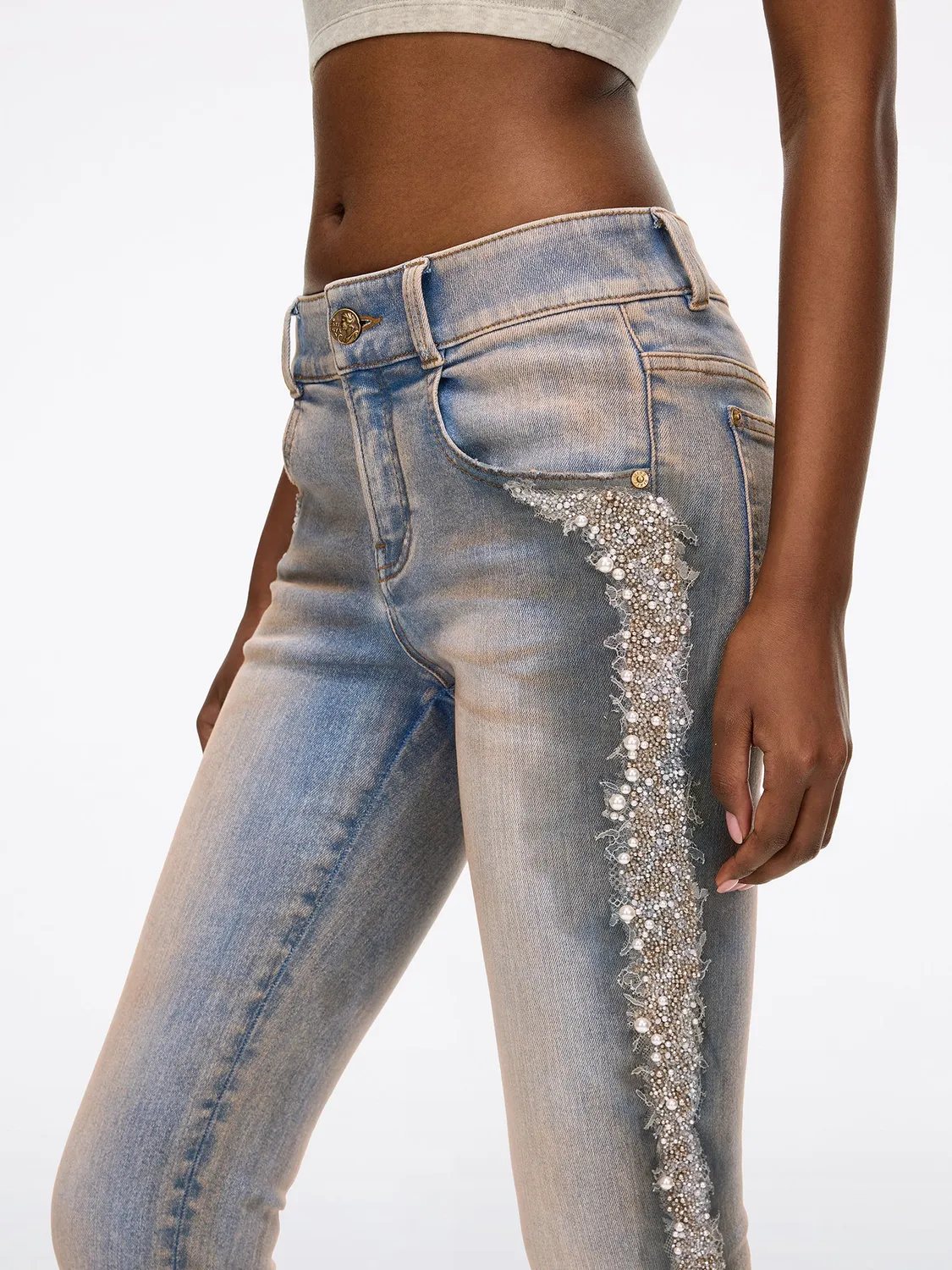 Miss Sixty Pearl Rhinestone Flare jeans retro blue stretch