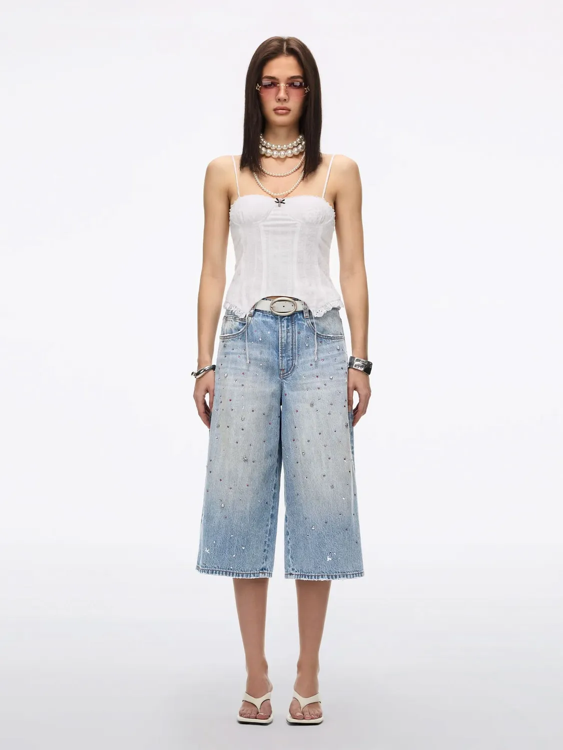 Miss Sixty Rhinestone denimshorts mellemblå 26