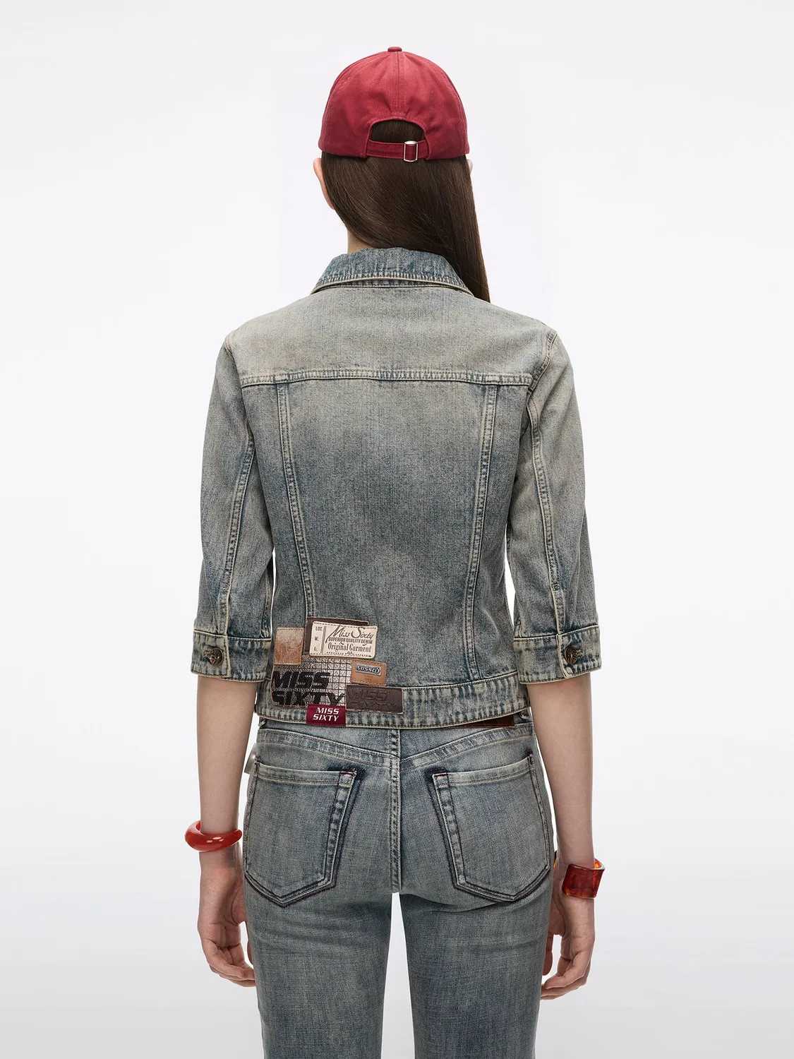 Miss Sixty Multi-Patch denimjakke blå patchwork korte ærmer