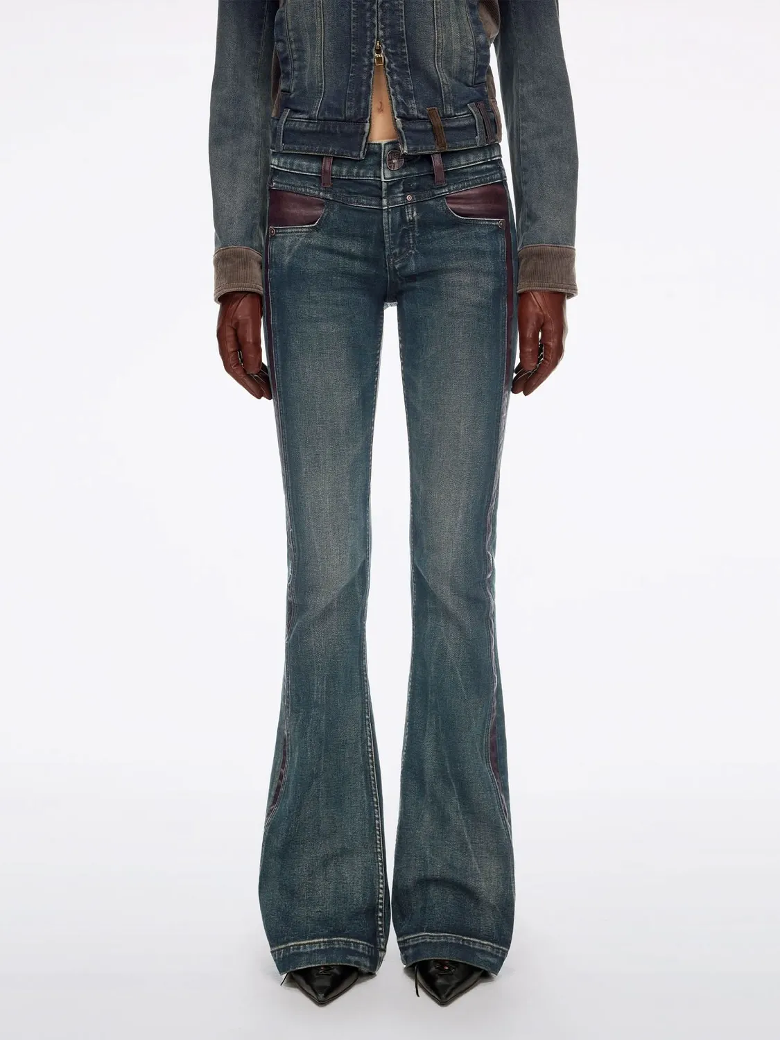 Miss Sixty flare jeans blå læderpaneler stretch