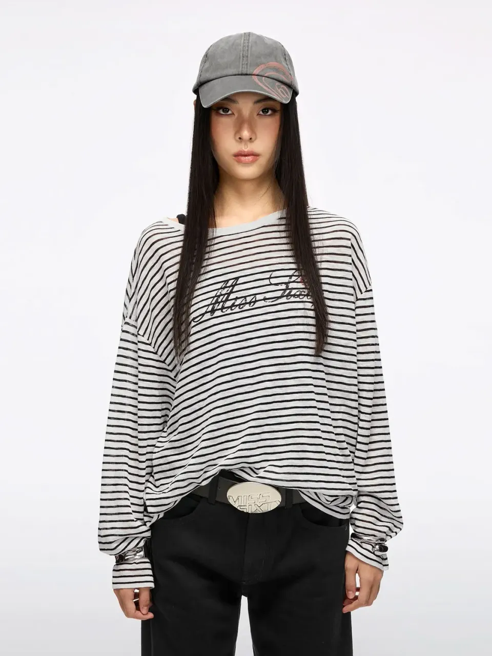 Miss Sixty Kiss Me Logo Knit strik top hvid/sort løs hørblanding