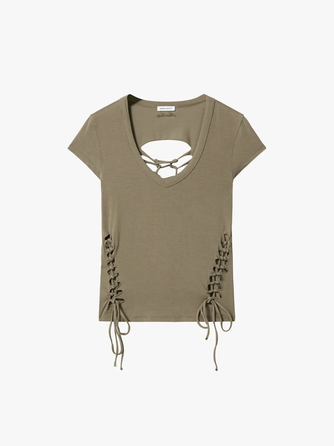 Miss Sixty T-shirt retrogrøn V-hals snøre bomuld