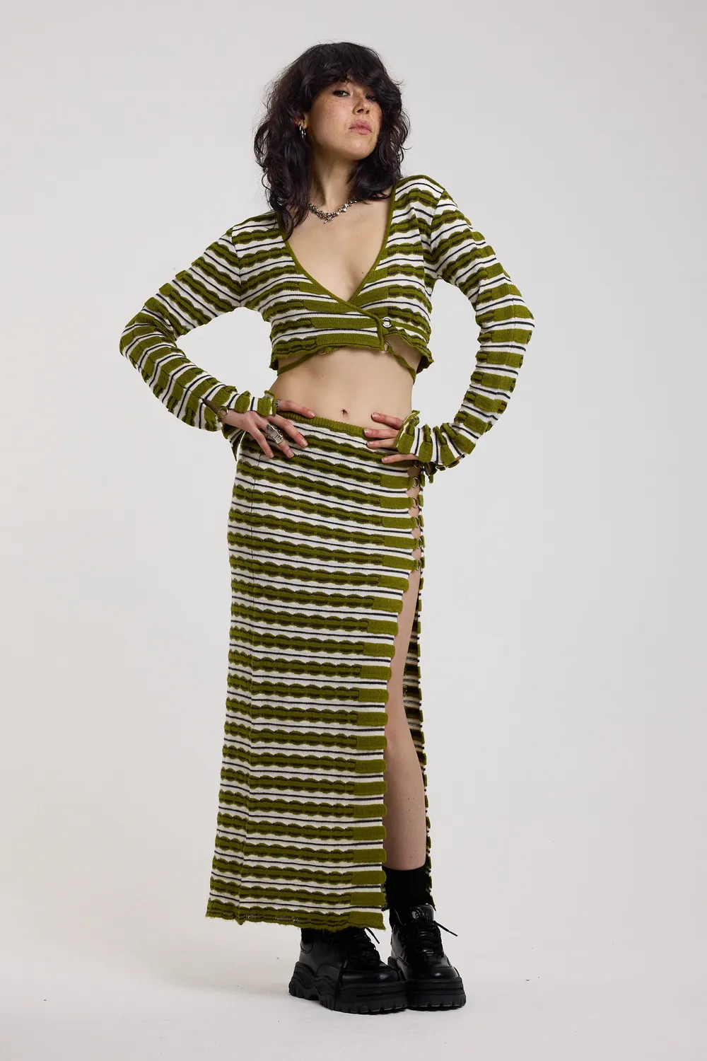 The Ragged Priest Scald Grunge Stripe strik nederdel maxi grøn