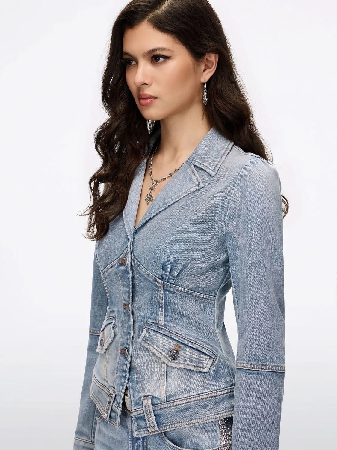 Miss Sixty Pearl Rhinestone denimjakke blå cropped perle