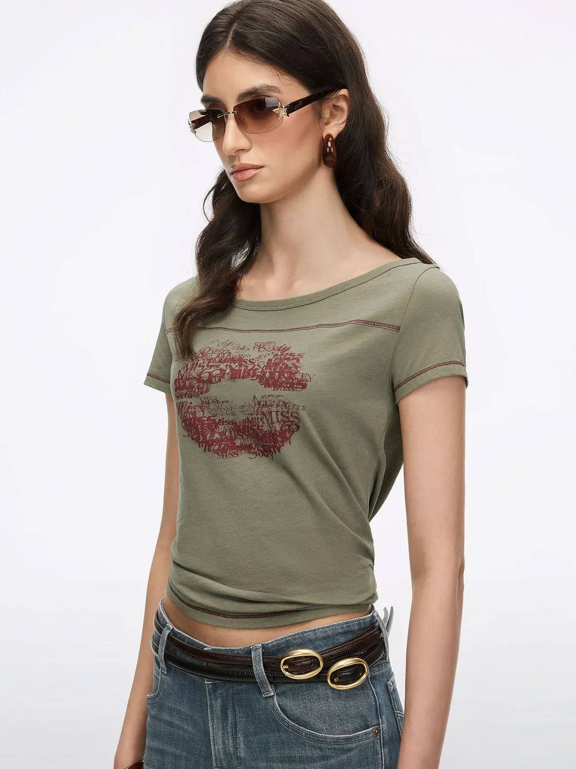 Miss Sixty Lip Print T-shirt olivengrøn røde læber