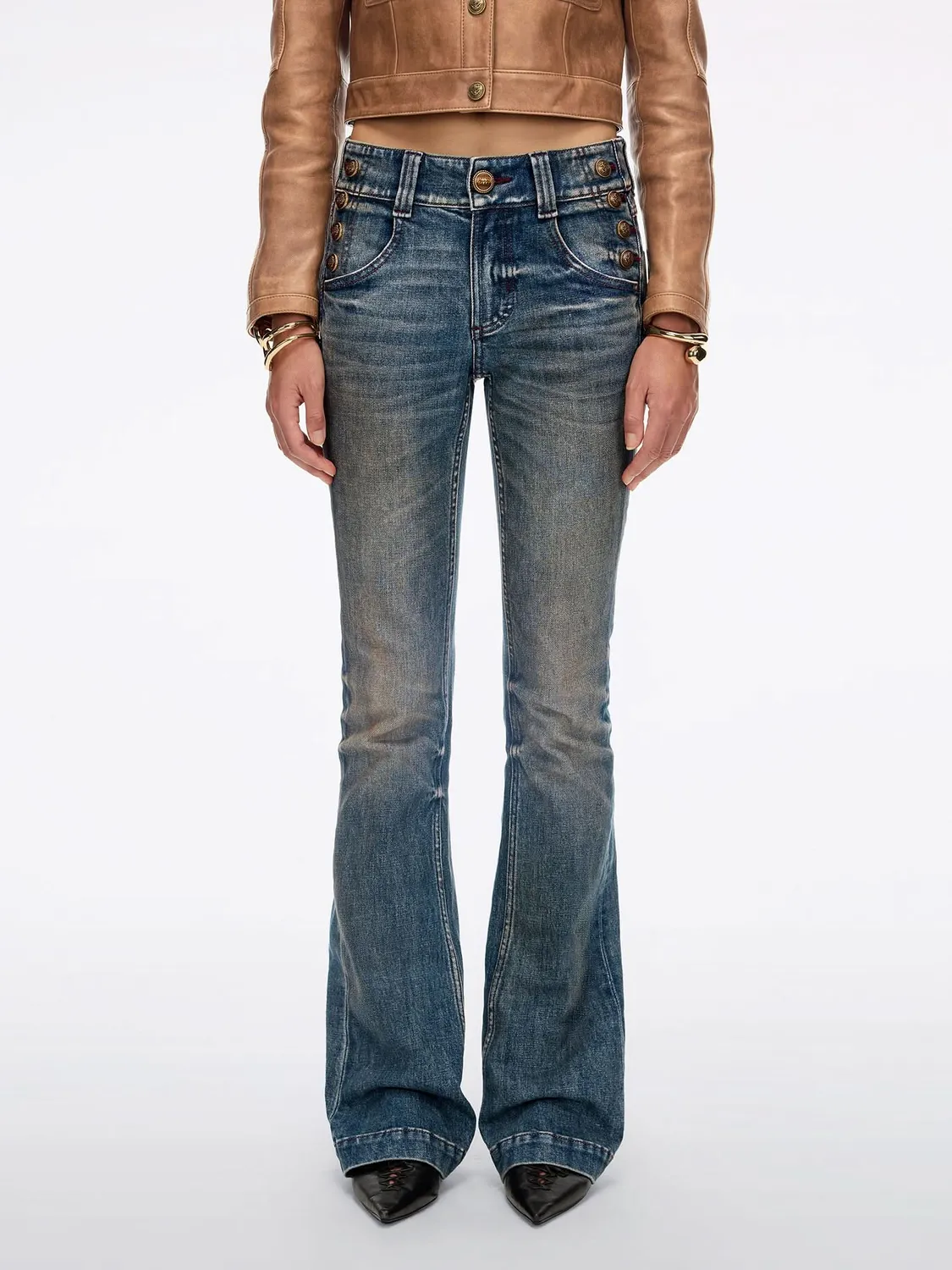 Miss Sixty Distressed Flare Jeans Blå Stretch Knapper