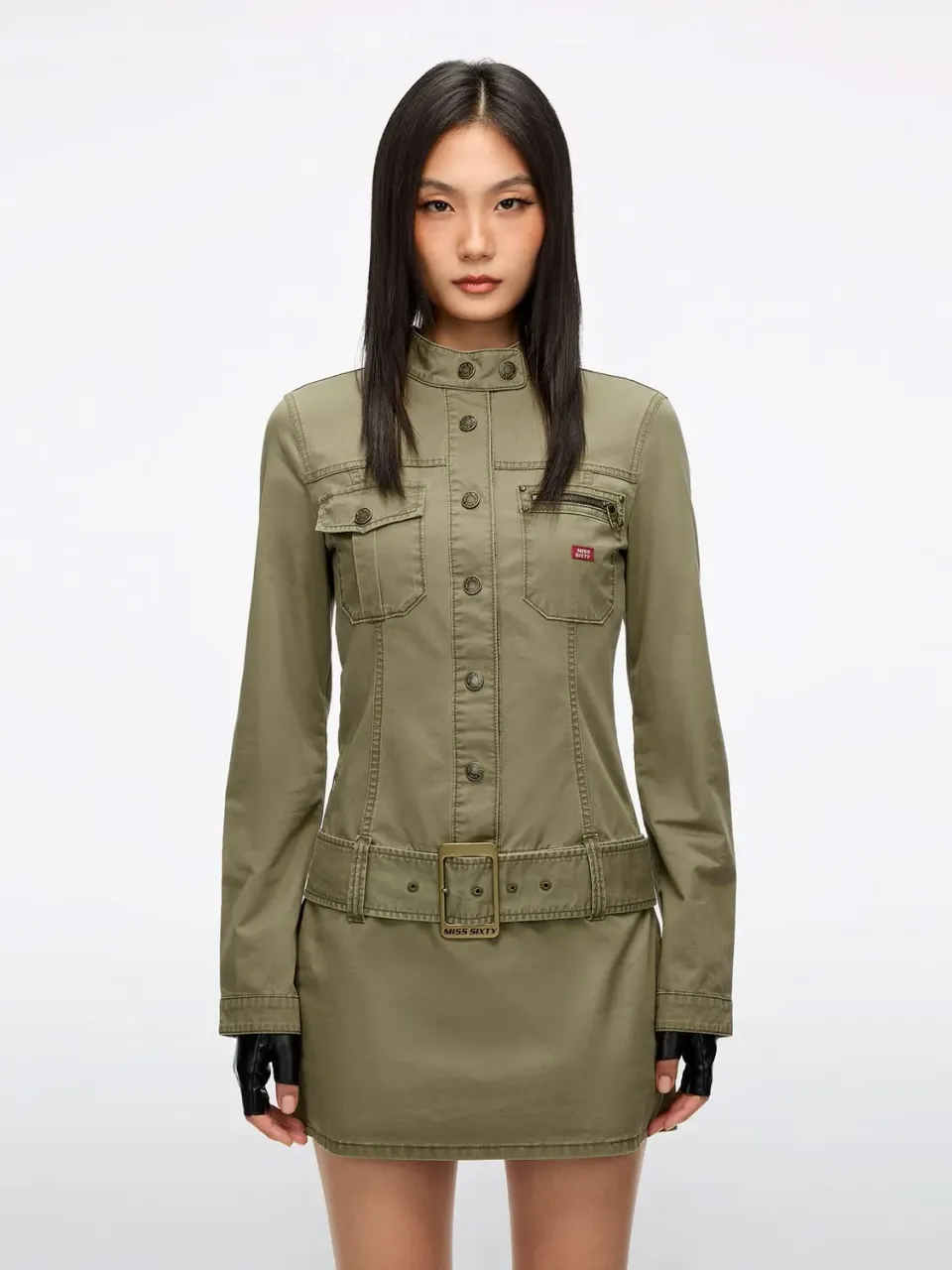 Miss Sixty bæltekjole militærgrøn twill bomuld