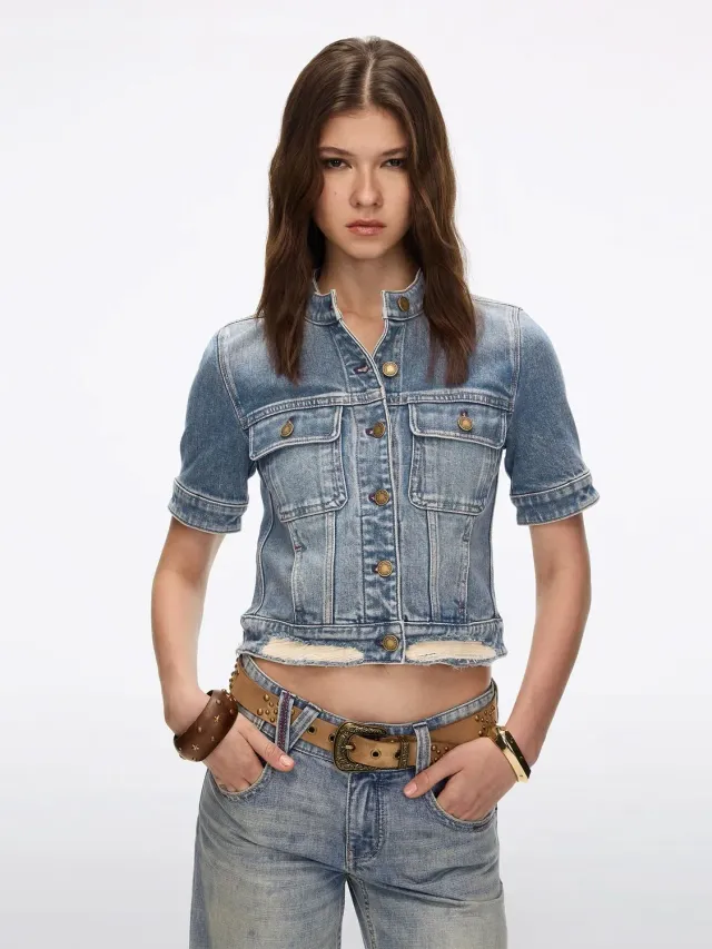 Miss Sixty distressed denimjakke blå cropped