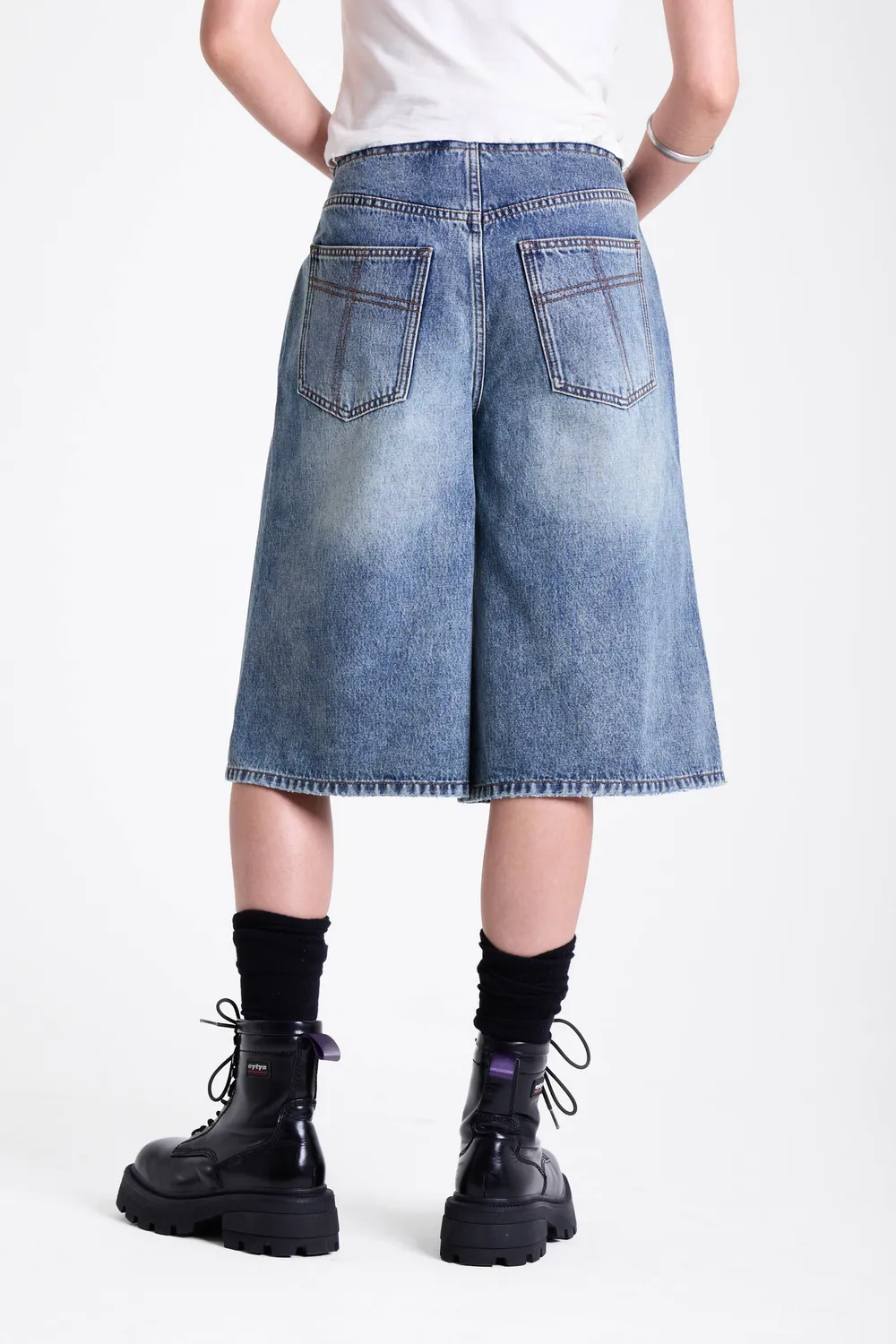 The Ragged Priest Fixer Eyelet Pierced oversized jorts mid-blue
