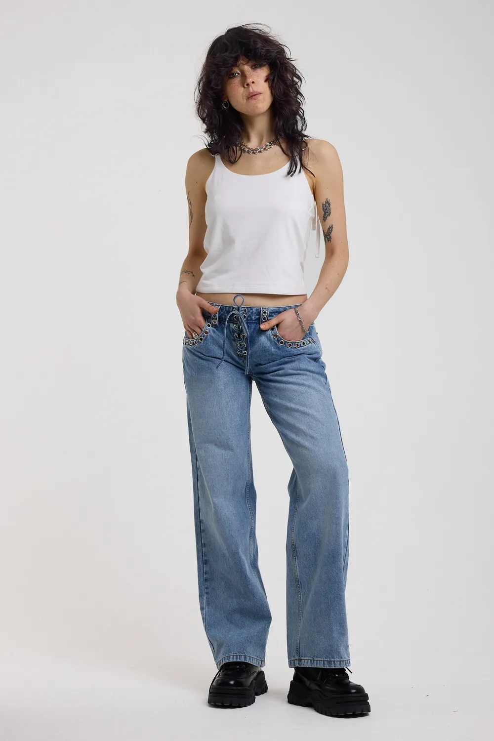The Ragged Priest Twilight Lace Up baggy jeans blå snøring