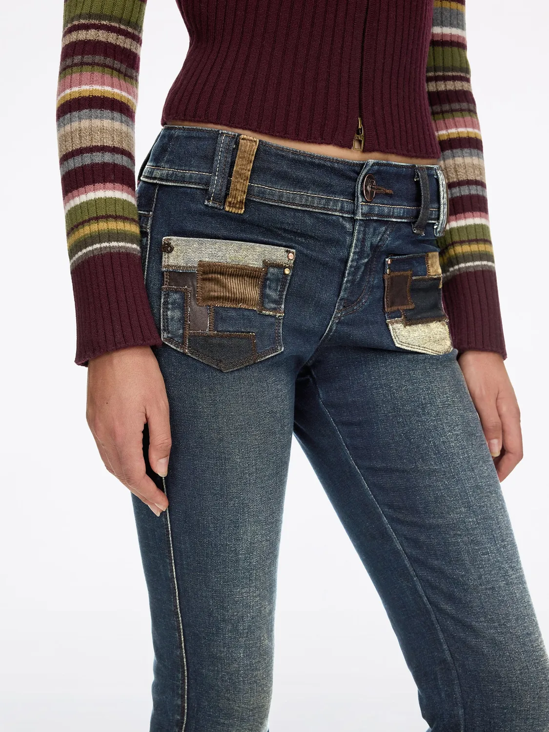 Miss Sixty flare jeans blå børstet læderpaneler