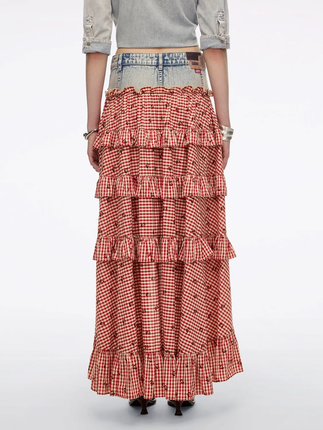 Miss Sixty Patchwork denim nederdel rød tern lav talje