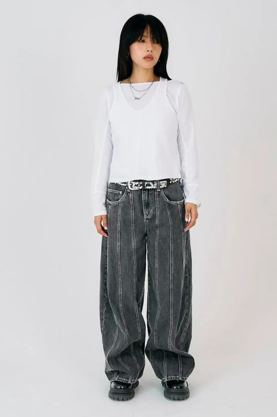 THE RAGGED PRIEST Panel Seam baggy jeans grå rinse