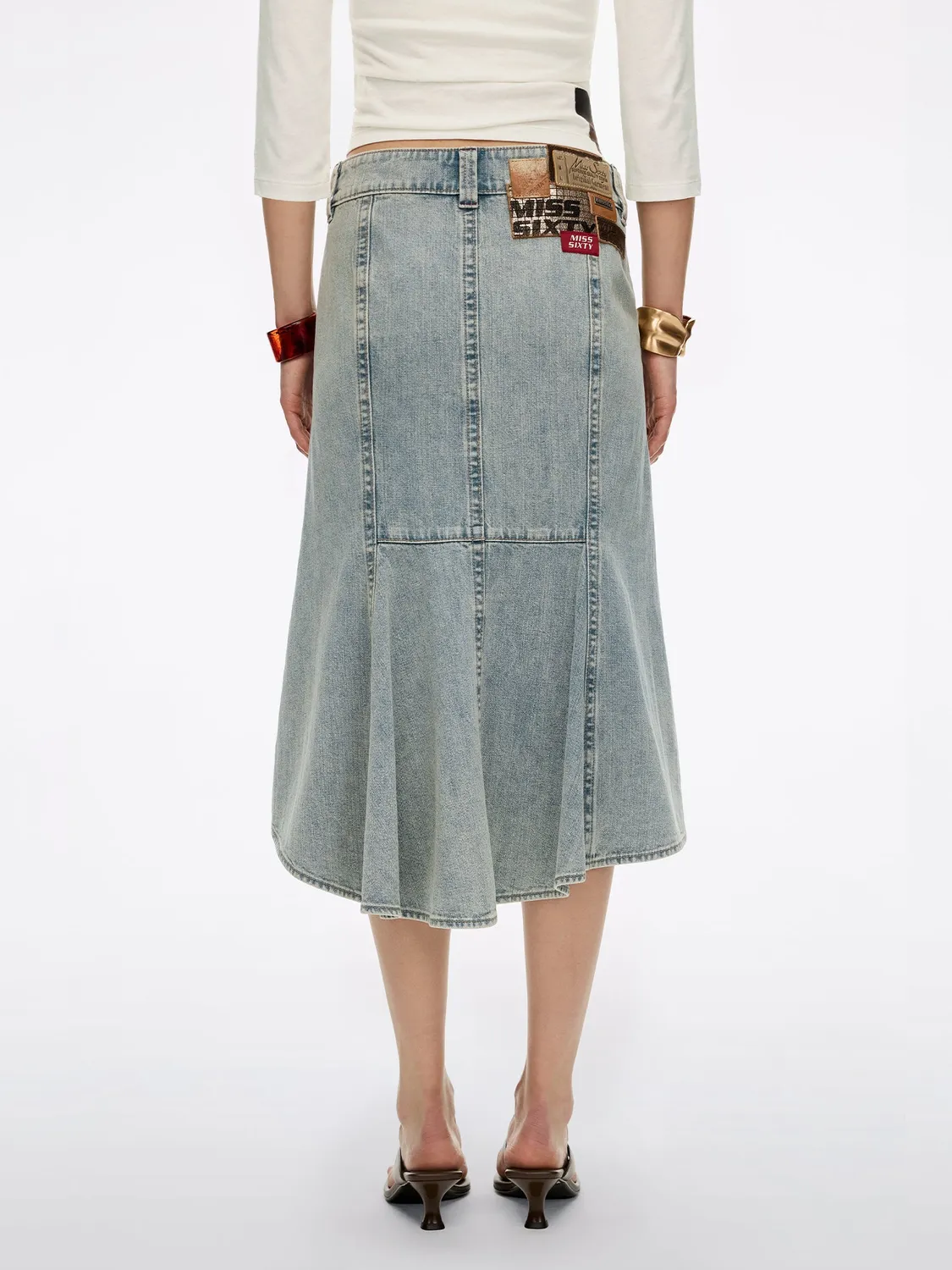 Miss Sixty denim midiskørt patchwork blå – A-line lav talje