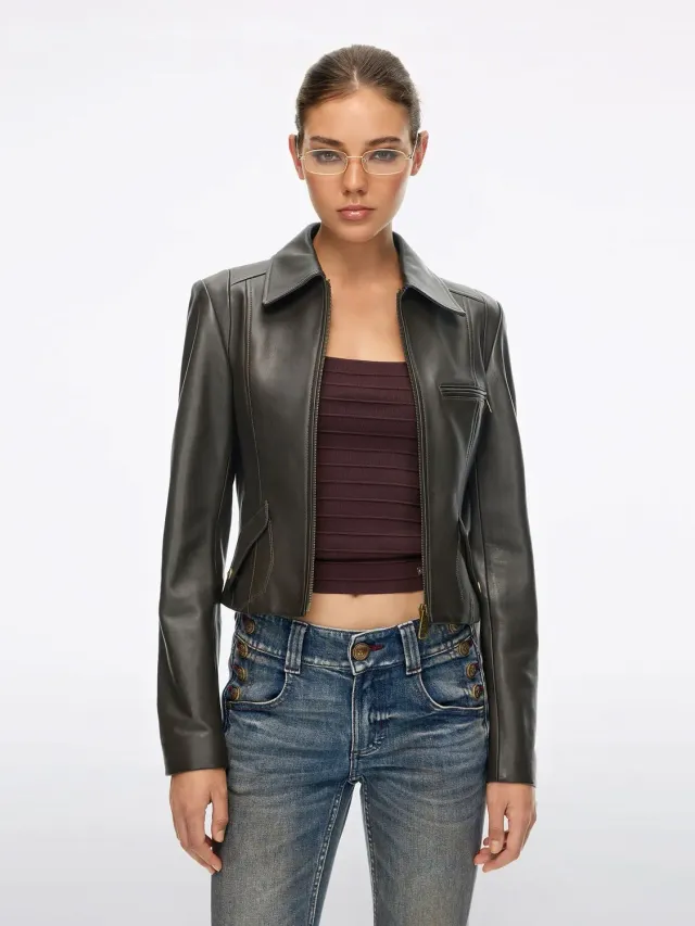 Miss Sixty Cropped læderjakke Dark Green lammeskind