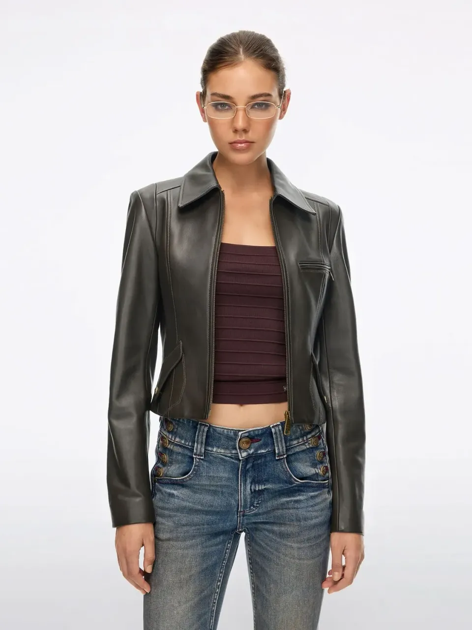 Miss Sixty Cropped læderjakke Dark Green lammeskind