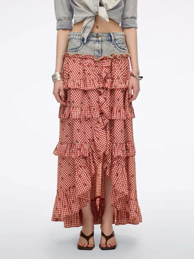 Miss Sixty Patchwork denim nederdel rød tern lav talje
