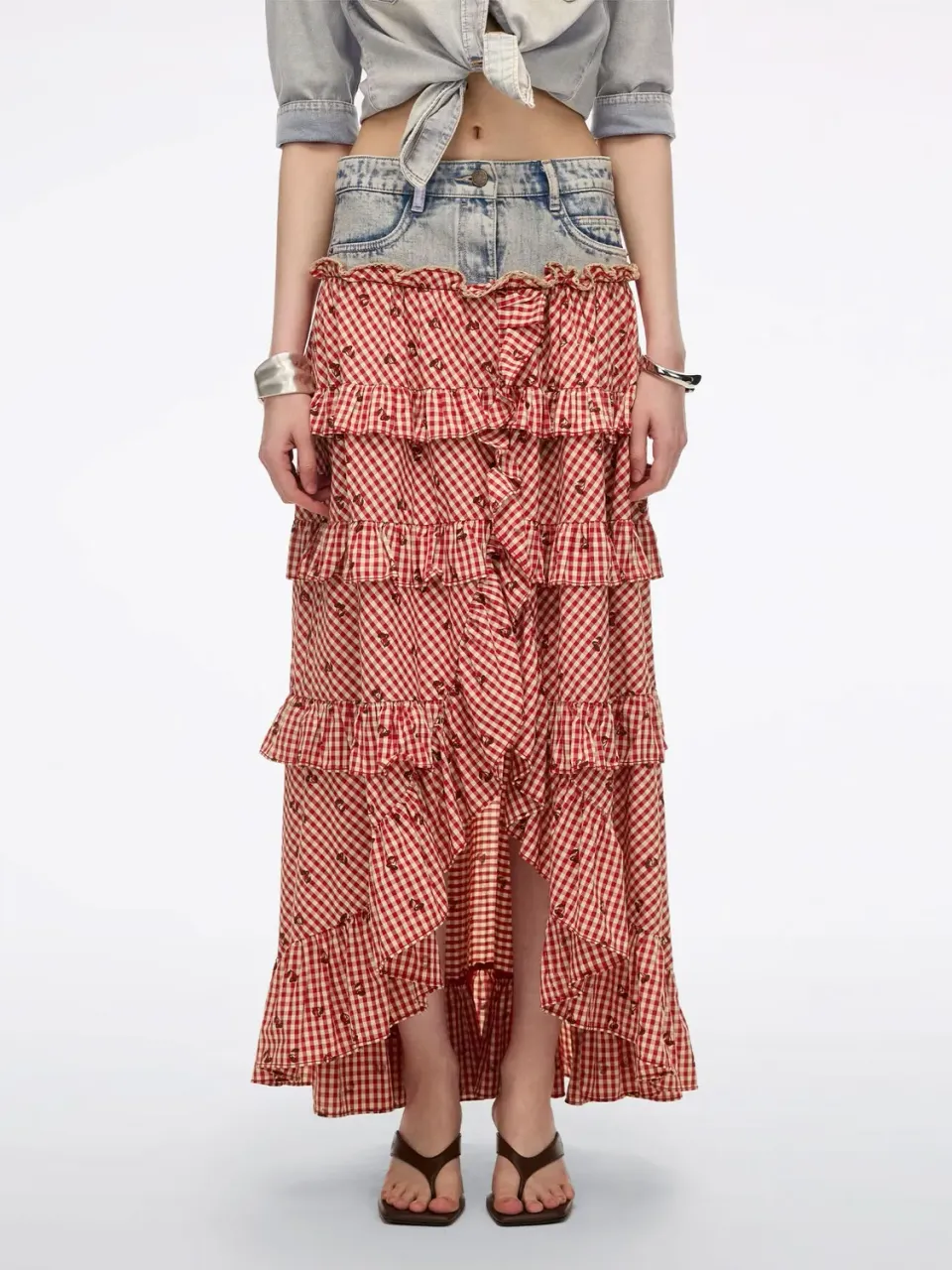 Miss Sixty Patchwork denim nederdel rød tern lav talje