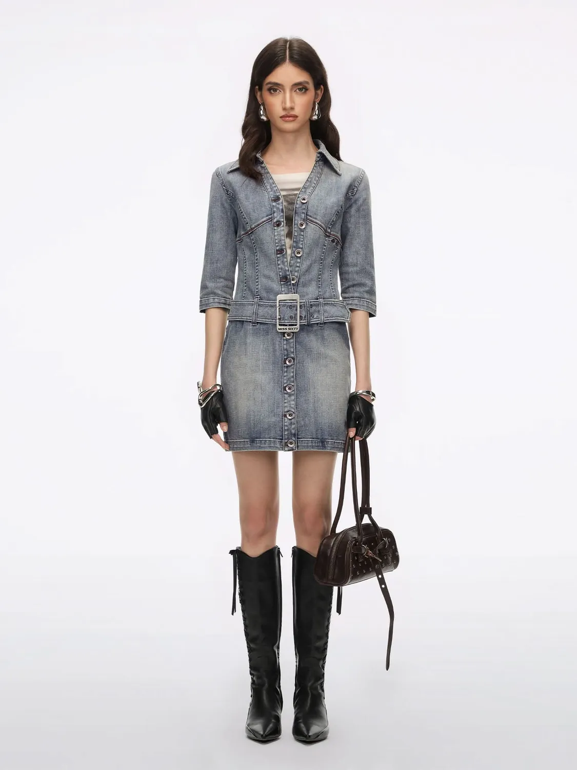 Miss Sixty Denim Dress With Belt blå denimkjole