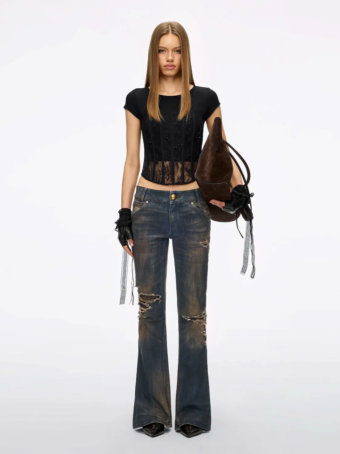 Miss Sixty Beaded Lace Layered Shirt top sort perleblonde