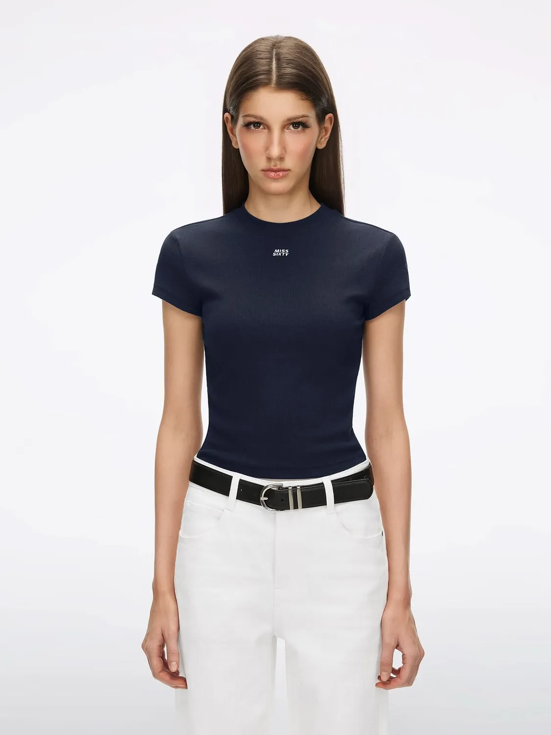Miss Sixty Broderet T-shirt Mørkegrå slim crop