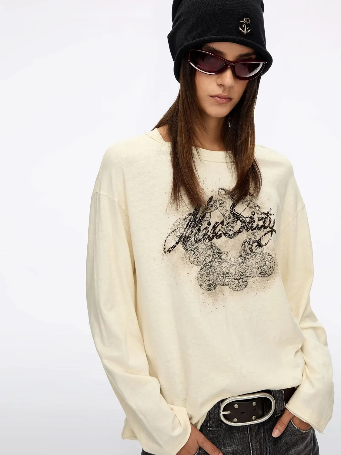 Miss Sixty Distressed Graphic T-shirt langærmet abrikos