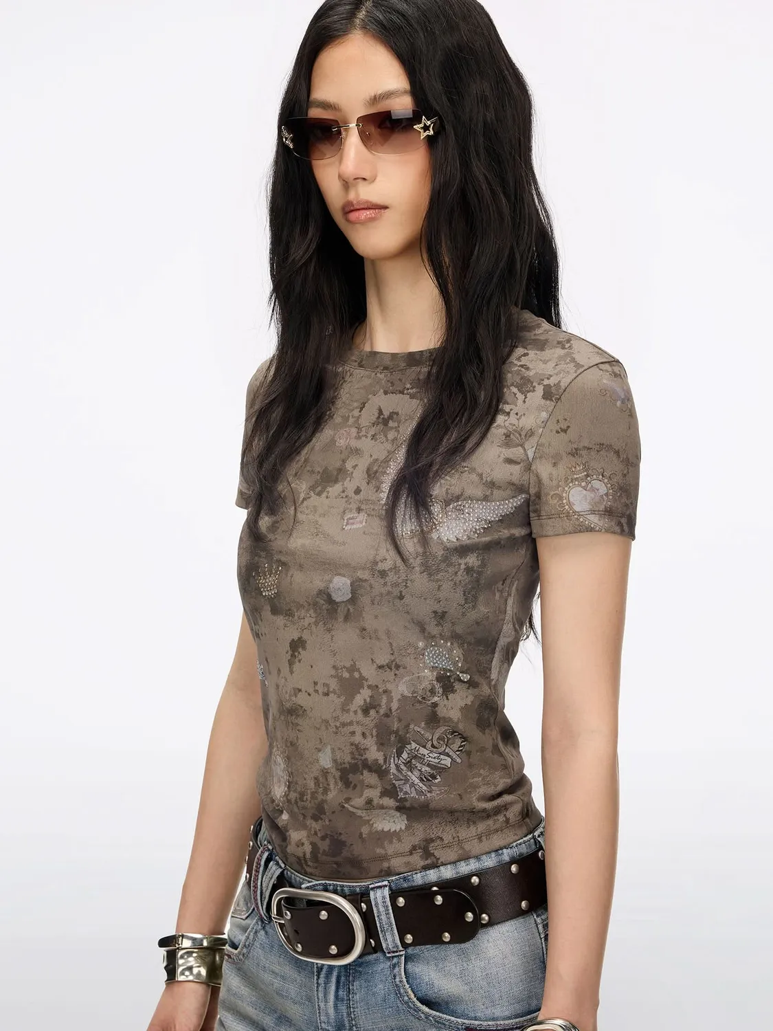 Miss Sixty Rhinestone Graphic t-shirt khaki