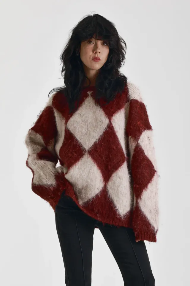 THE RAGGED PRIEST Rook Oversized striktrøje argyle bordeaux