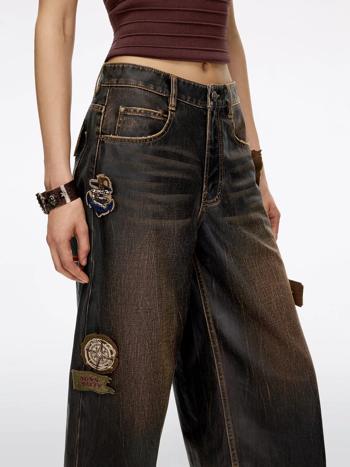 Miss Sixty Badge denimshorts brun med aftagelige emblemer