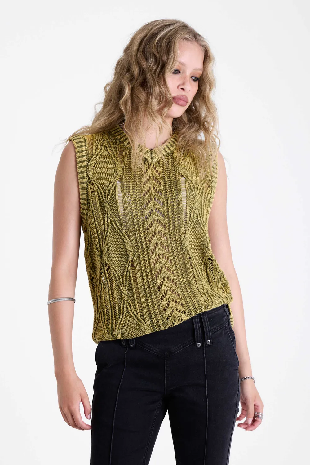 THE RAGGED PRIEST Sleaze Acid Wash Cable Knit strikvest oliven